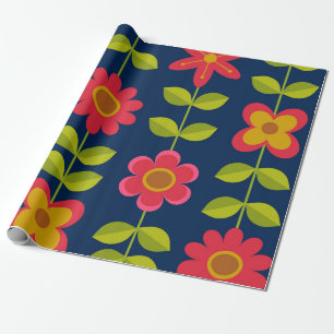 Mid Century Modern rote Blumen mit Blättern Geschenkpapier