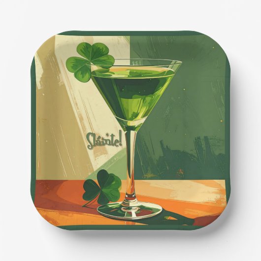 Mid Century Modern Shamrock Martini Sláinte! Pappteller (Vorderseite)