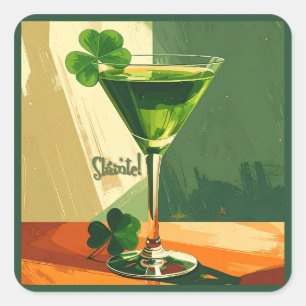 Mid Century Modern Shamrock Martini Sláinte!  Quadratischer Aufkleber