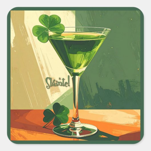 Mid Century Modern Shamrock Martini Sláinte! Quadratischer Aufkleber (Vorderseite)