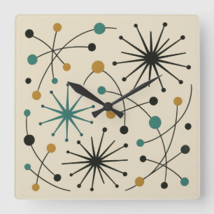 Mid-Century-Modern-Sonnenstrahl-Muster-Geschenkpap Quadratische Wanduhr