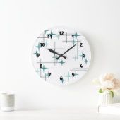 Mid Century Modern Stars (Teal) Clock 1 Große Wanduhr (Zuhause)