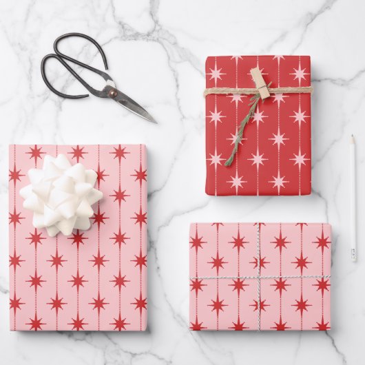 Mid Century Modern Sterne und Punkte Atom-Muster Geschenkpapier Set (Vorderseite)