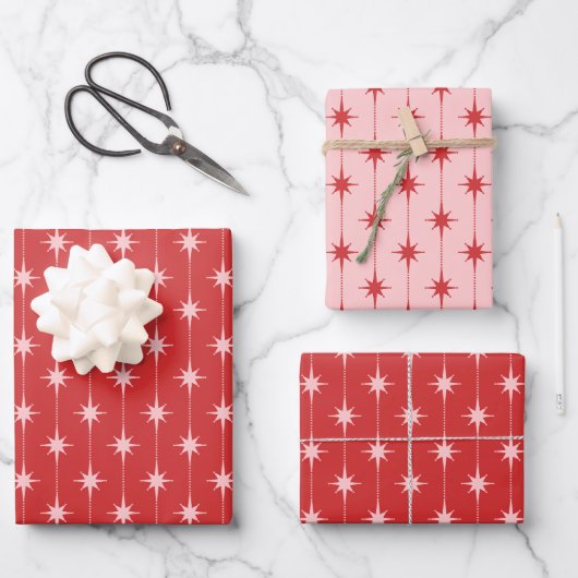 Mid Century Modern Sterne und Punkte Atom-Muster Geschenkpapier Set (Vorderseite)