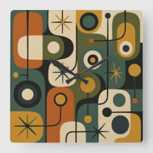 Mid-Century-Modern-Sternenexplosions-Muster Quadratische Wanduhr