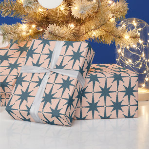 Mid Century Modern Sternenmuster Stahl Blau Erröte Geschenkpapier