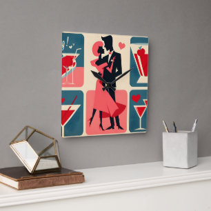 Mid Century Modern Valentinstag Tanzendes Paar Quadratische Wanduhr