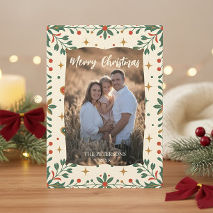 Mid-Century Modern Weihnachtsfoto Familie Holly Karte