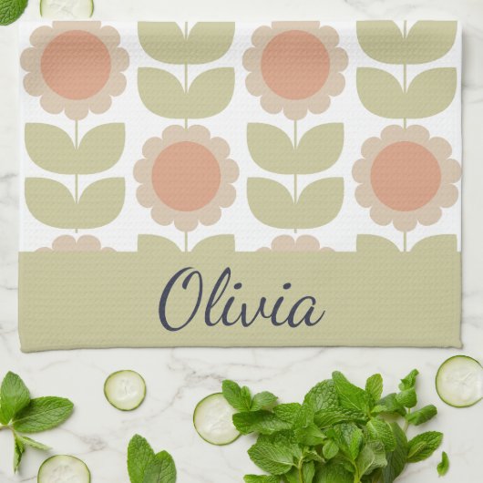  Mid-Century Pastel Pink Retro Floral Pattern Geschirrtuch (Gefaltet)