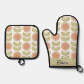  Mid-Century Pastel Pink Retro Floral Pattern Ofenhandschuh & Topflappen-Set (Vorderseite)