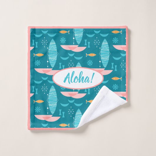 Mid Century Pink Catamaran - Blue Background Badhandtuch Set (Waschlappen)