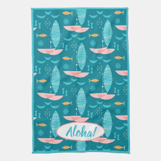 Mid Century Pink Catamaran - Blue Background Geschirrtuch (Vertikal)