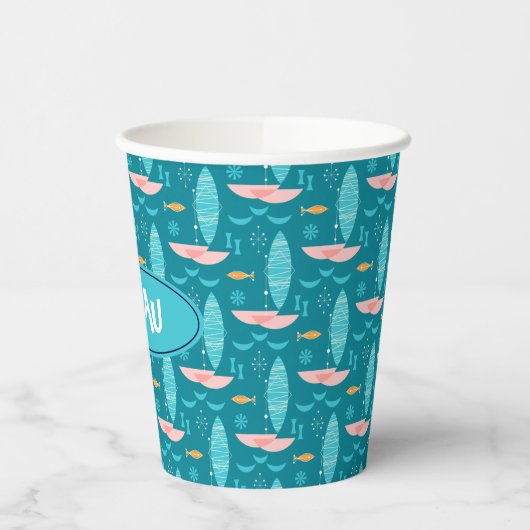 Mid Century Pink Catamaran - Blue Background Pappbecher (Links)
