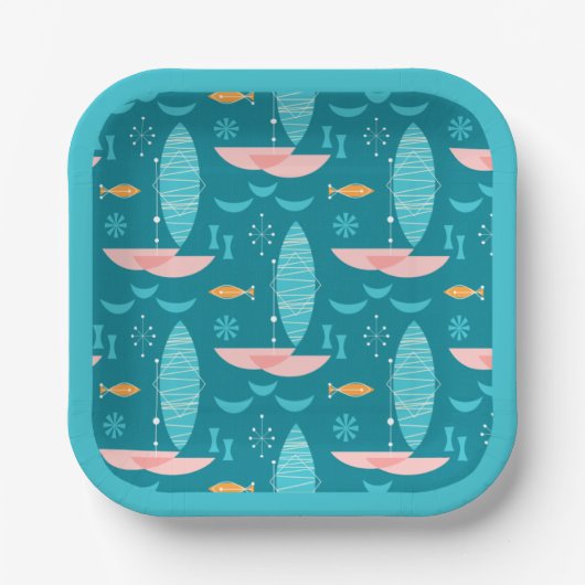Mid Century Pink Catamaran - Blue Background Pappteller (Vorderseite)