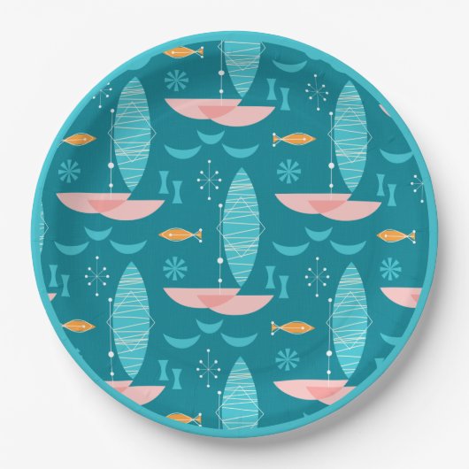 Mid Century Pink Catamaran - Blue Background Pappteller (Vorderseite)