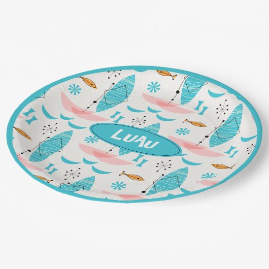 Mid Century Pink Catamaran Pappteller (Schrägansicht)