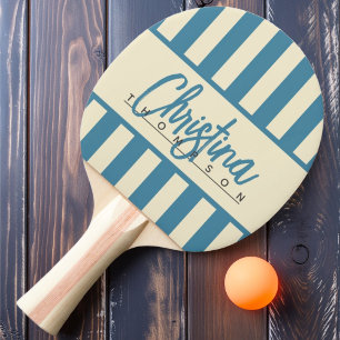 Mid-Century Polo Candy-Streifen Tief Aqua Name Tischtennis Schläger