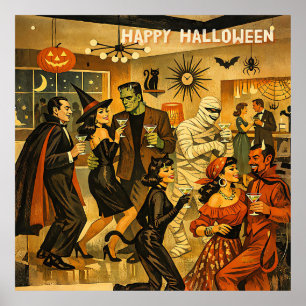 Mid Century Retro 50er Halloween Martini-Party Poster