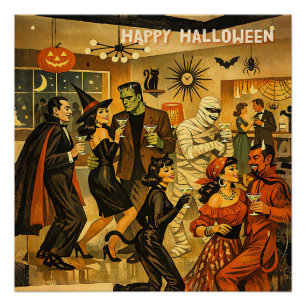 Mid Century Retro 50er Halloween Martini-Party Poster