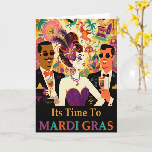 Mid Century Retro 60er Mardi Gras Cocktail Party Karte (Gelbe Blume)