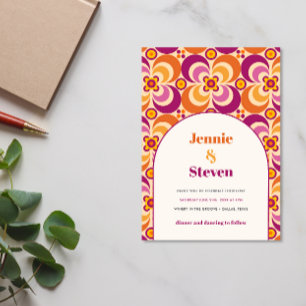 Mid Century Retro Arch Lila Orange Hochzeit Einladung