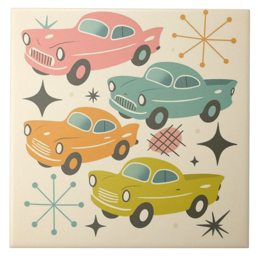Mid-Century Retro Cars Atomic Starburst  Fliese (Vorderseite)