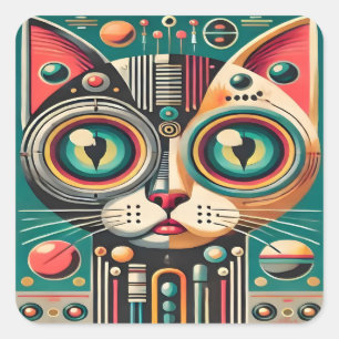 Mid Century Retro-Futuristischer Schaltkreis-Katze Quadratischer Aufkleber