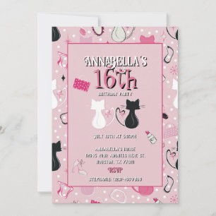 Mid Century Rosa Herz Katzen Geburtstag Einladung
