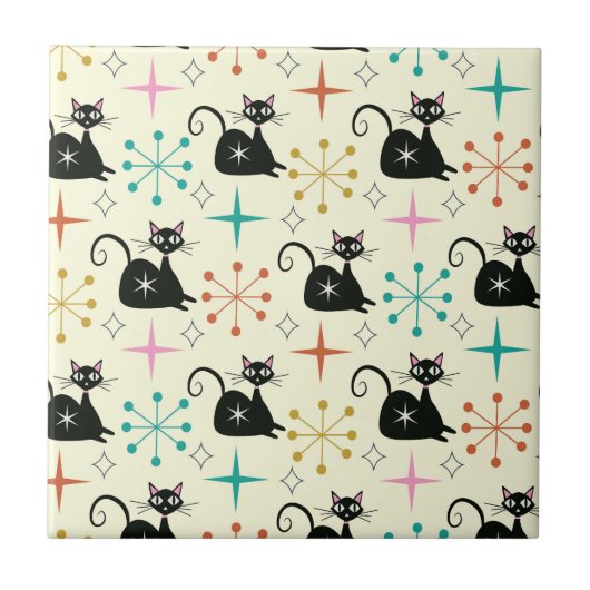 Mid Century Schwarze Atomkatze mit Sternenexplosio Fliese (Vorderseite)
