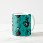 Mid Century Schwarze Atomkatzen auf Teal Ogee Kaffeetasse (VorderseiteRechts)