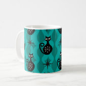 Mid Century Schwarze Atomkatzen auf Teal Ogee Kaffeetasse (Vorderseite Links)