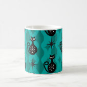 Mid Century Schwarze Atomkatzen auf Teal Ogee Kaffeetasse (Mittel)