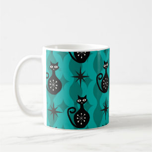 Mid Century Schwarze Atomkatzen auf Teal Ogee Kaffeetasse