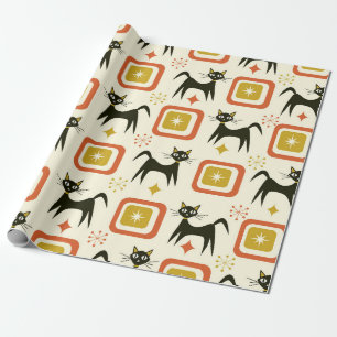 Mid Century Schwarze Atomkatzen mit Vintage-Quadra Geschenkpapier