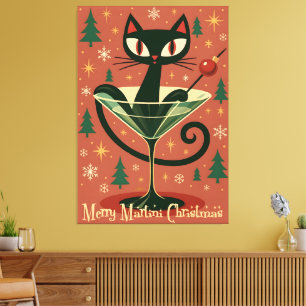 Mid Century Schwarze Katze Merry Martini Weihnacht Leinwanddruck