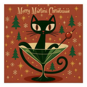 Mid Century Schwarze Katze Merry Martini Weihnacht Poster
