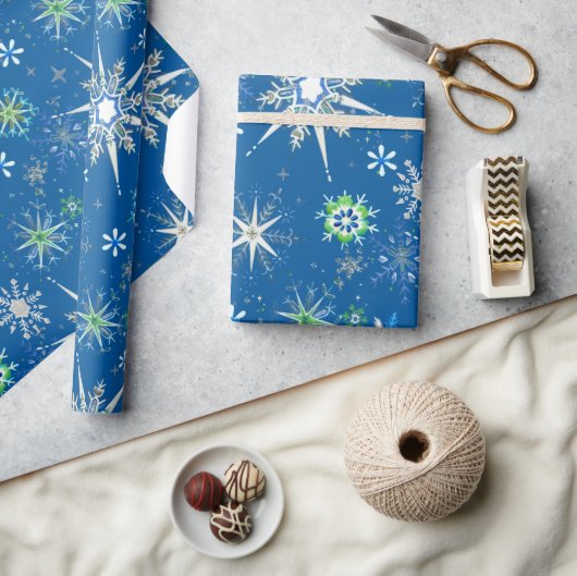 Mid-Century Snowflakes Galore On Blue Geschenkpapier (Kunsthandwerk)