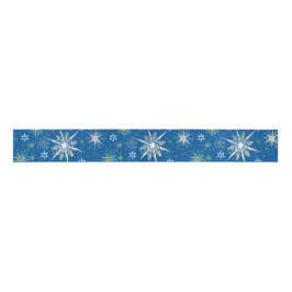 Mid-Century Snowflakes Galore On Blue Ripsband