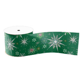 Mid-Century Snowflakes Galore On Green Ripsband