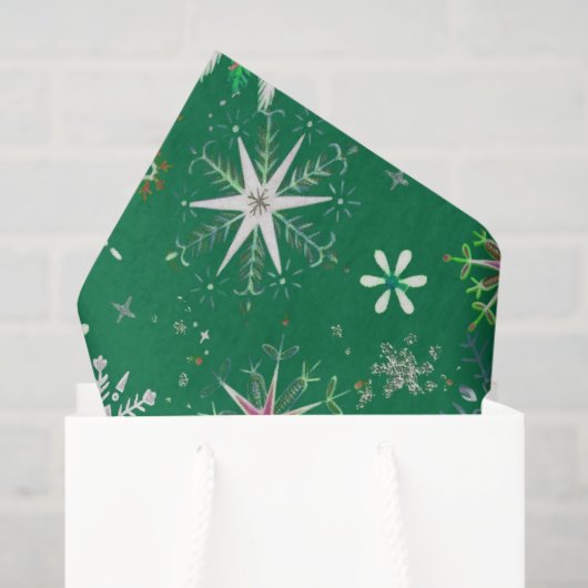 Mid-Century Snowflakes Galore On Green Seidenpapier (Geschenktüte)