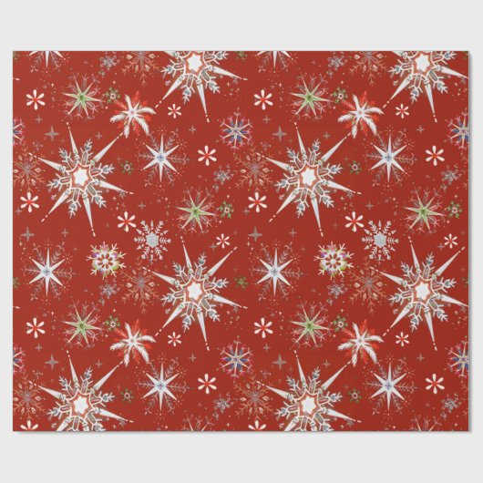 Mid-Century Snowflakes Galore On Red Geschenkpapier (Flach)