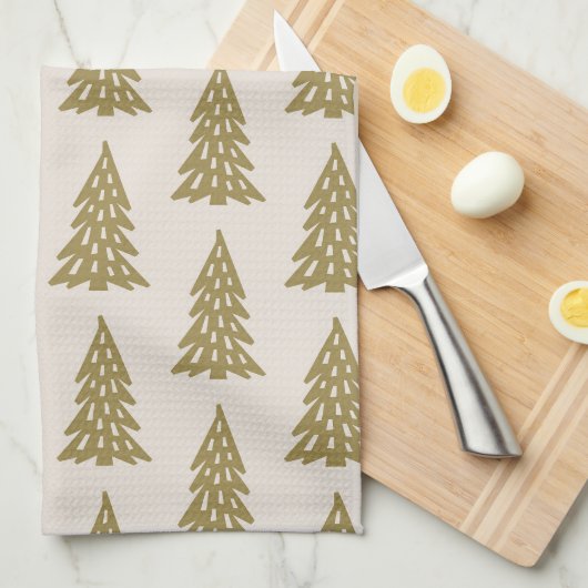 Mid Century Urlaubsmuster Tree Muster Gold Geschirrtuch (Viertel Falte)