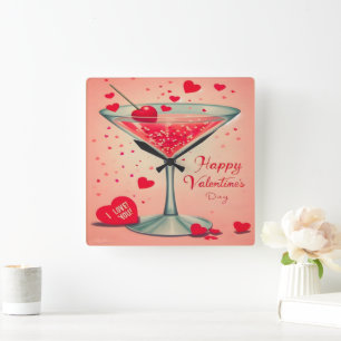 Mid Century Valentine Martini Cocktail Quadratische Wanduhr