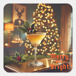 Mid Century Weihnachten Merry & Bright Cocktail  Quadratischer Aufkleber
