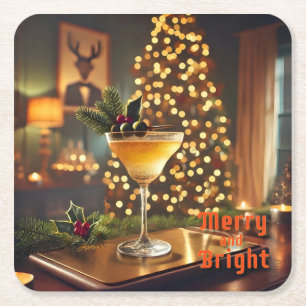 Mid Century Weihnachten Merry & Bright Cocktail Rechteckiger Pappuntersetzer