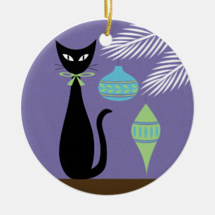 Mid Century Weihnachtskatze mit Ornamenten 2 Keramik Ornament