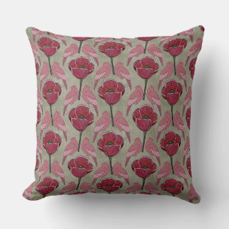 Mid Mod Magenta Poppies & Birds Throw Kissen