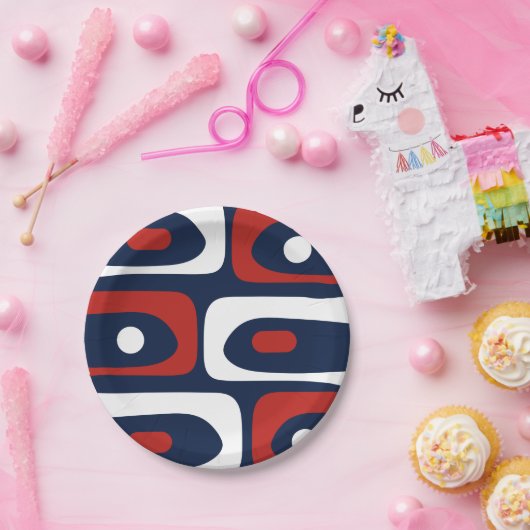 Mid Mod Piquet Muster Rot Weiß und Blau Pappteller (Party)