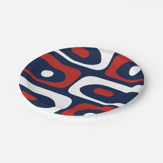 Mid Mod Piquet Muster Rot Weiß und Blau Pappteller (Schrägansicht)