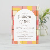 Mid Modern Geometric Pink Yellow Rehearsal Dinner  Einladung (Stehend Vorderseite)